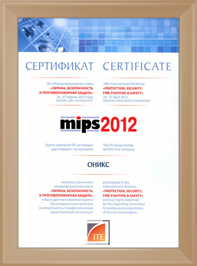 Сертификат участника выставки MIPS Moscow 2012